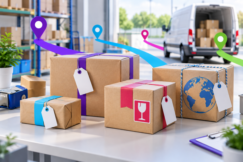 Organized marketplace parcels prepared for different shipping destinations